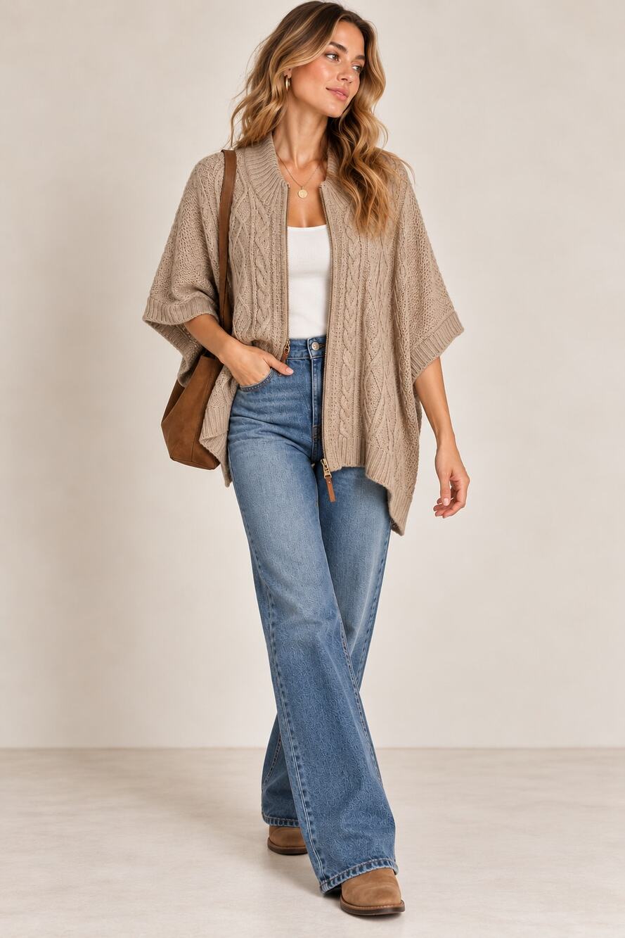 Cupcakes & Cashmere Tan Cable Knit Zip Short Sleeve Cardigan Sweater Womens M